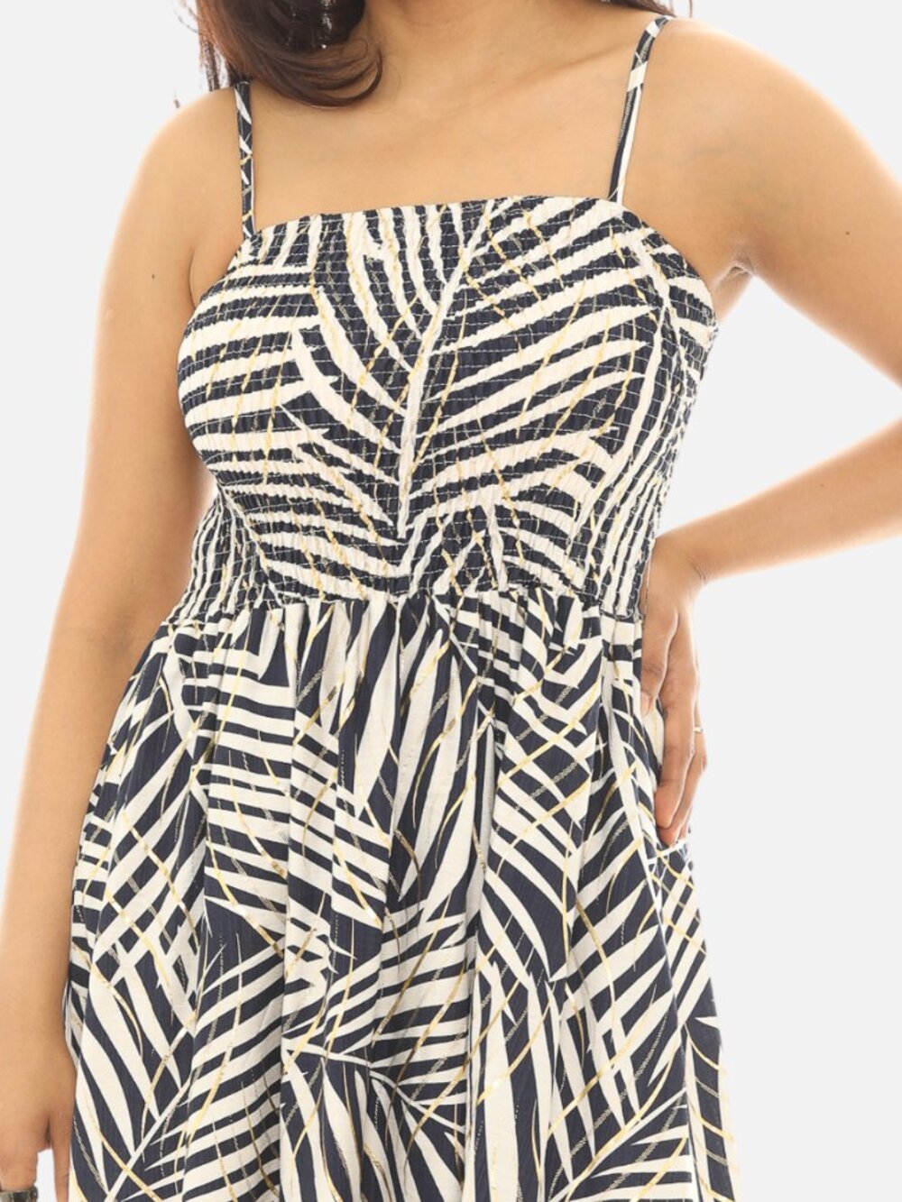Leaf Foil Print Smocked Midi Dress for Women